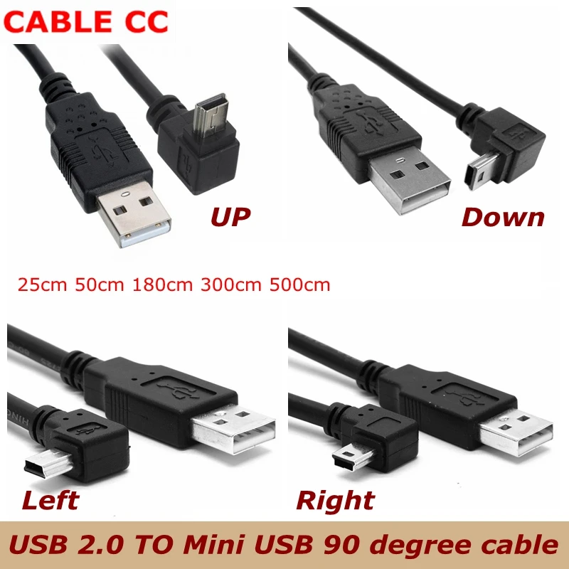 USB 2.0 męski na Mini USB B typ 5pin 90 stopni w górę i w dół oraz lewy i prostopadły męski kabel danych 0.25m/0.5m/1.8m/5m 20cm 50cm 6FT