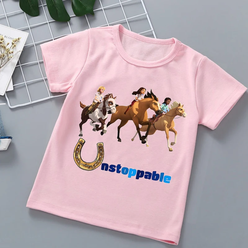 Hot Spirit Mustang T-shirt pour filles, vêtements d'anime, vêtements de dessin animé pour enfants, vêtements amusants pour enfants, chemise rose, t-shirt Y-2024