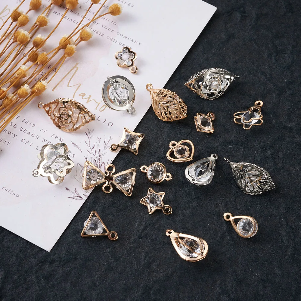 120pcs/box Iron Pendants & Links with  Rhinestone inside for Jewelry Making DIY Mixed Shapes Mixed Color