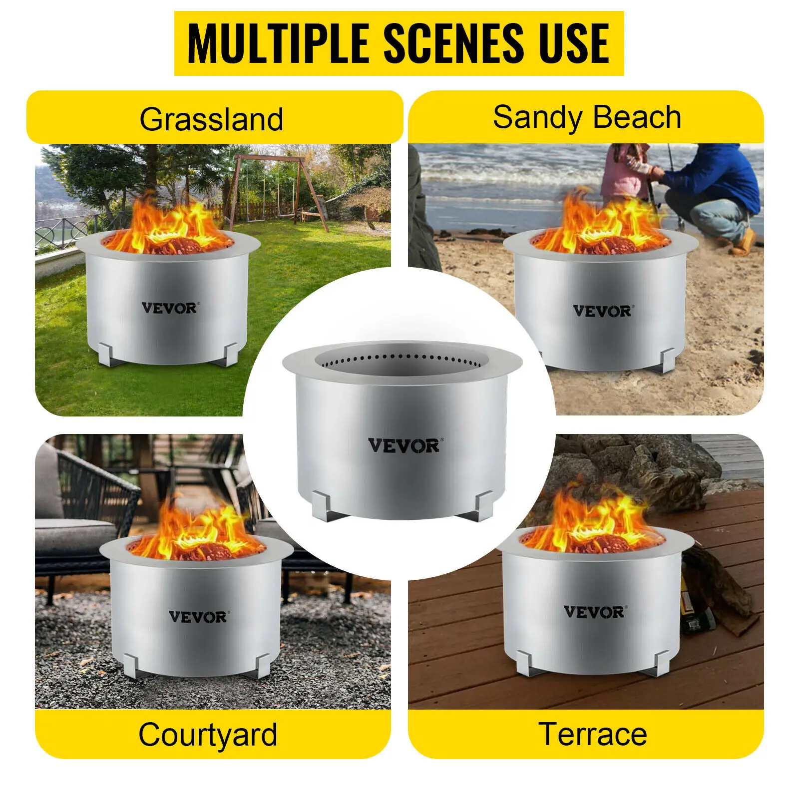 VEVOR Fire Bowl Pit Multi-Size/Type Stainless/Carbon Steel Double Wall Smokeless Wood Pellet Burning Spark with Stand Outdoors