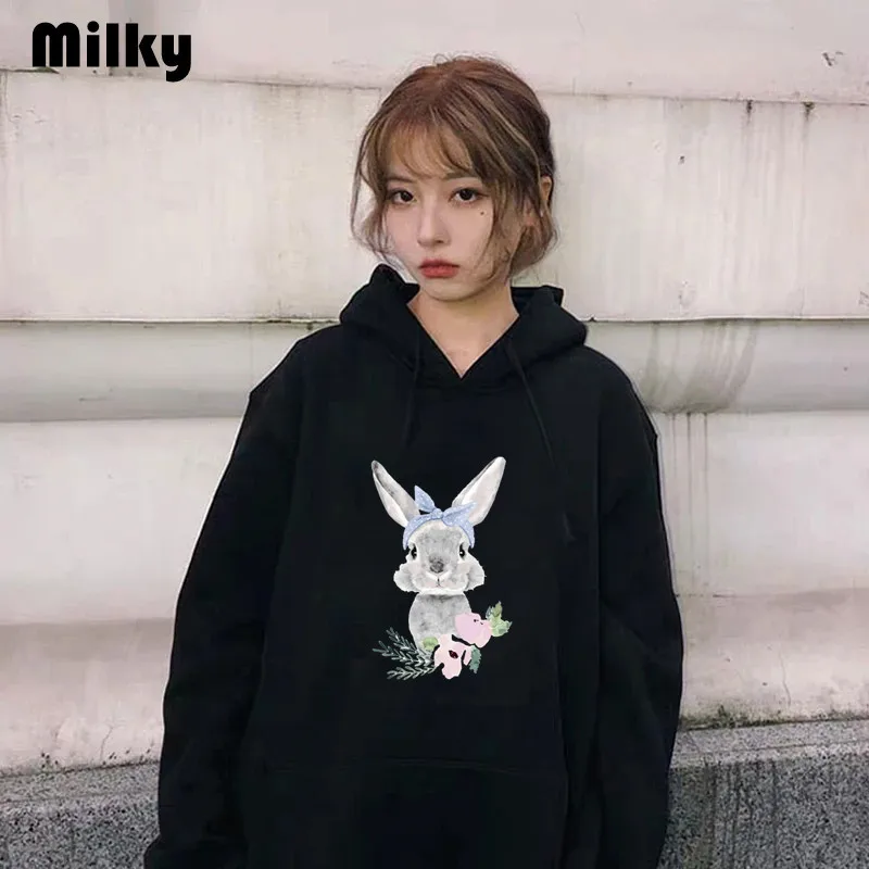 estilo coreano kawaii cartoon coelho moletom com capuz flor impressão feminina casual moletom com capuz menina tops hipster bonito outono