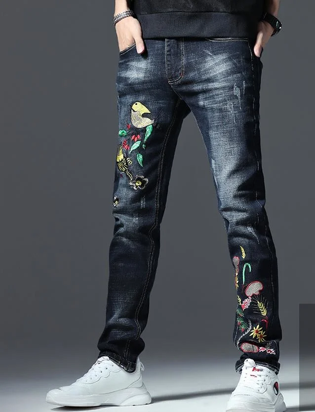 Pantalones vaqueros rasgados para hombre, Jeans elásticos de moda con bordado Floral de pájaro, pierna ajustada, Hip Hop, color azul