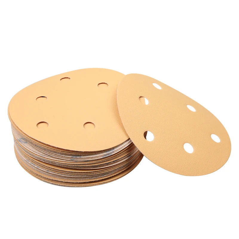 ATPRO 50Pcs 5 Inch 6Hole 125MM Aluminium Oxide 60 to 600 Grits Hook and Loop Gold Sandpaper Sanding Disc for Metal & Automotive