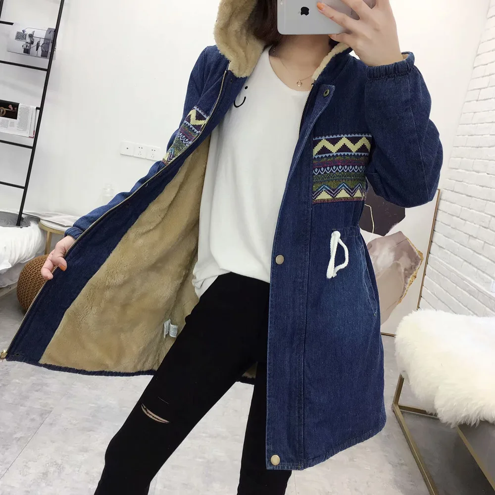 New Women\'s Denim Jacket Winter 2023 Printing Warm Thicken Plus Velvet Cotton Padded Coat Loose Hooded Long Outerwear Female