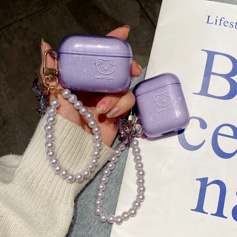 Роскошный Жемчужный браслет с медведем брелок для наушников чехол для Apple Airpods 1 2 Pro Беспроводная гарнитура Мягкий чехол Подарок