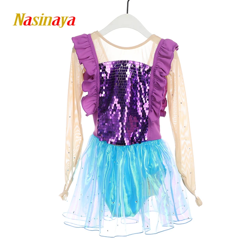 

Nasinaya Figure Skating Competition Dress Girl Customized Children's Performance Purple Sequins Long Sleeve Clothing