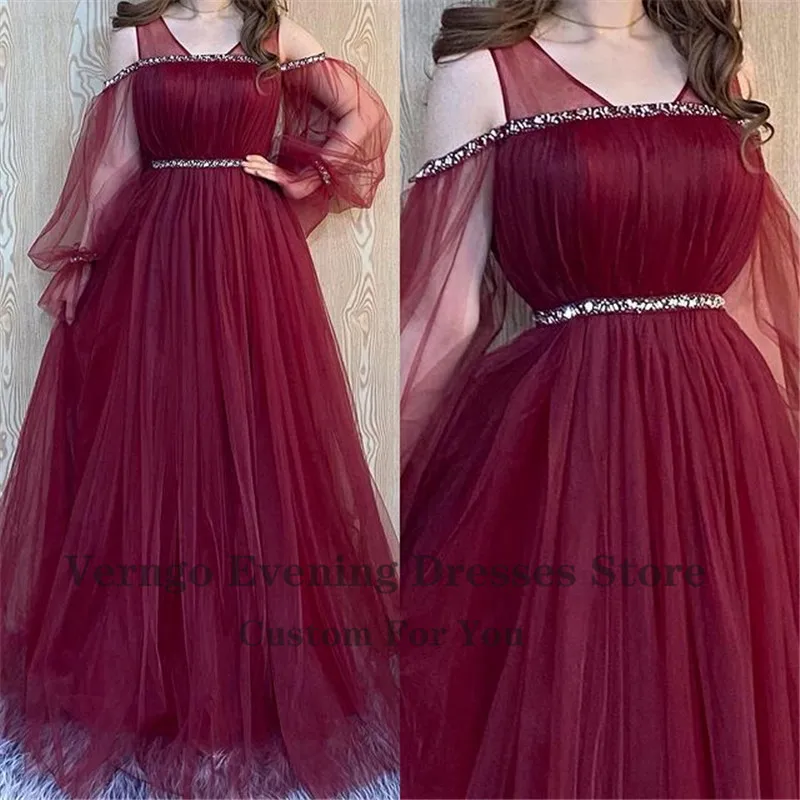 Verngo A Line Champagne Puff z długim rękawem tiulowe suknie na studniówkę Plus rozmiar frezowanie Crystal Sash Burgundy/Green formalne suknie wieczorowe