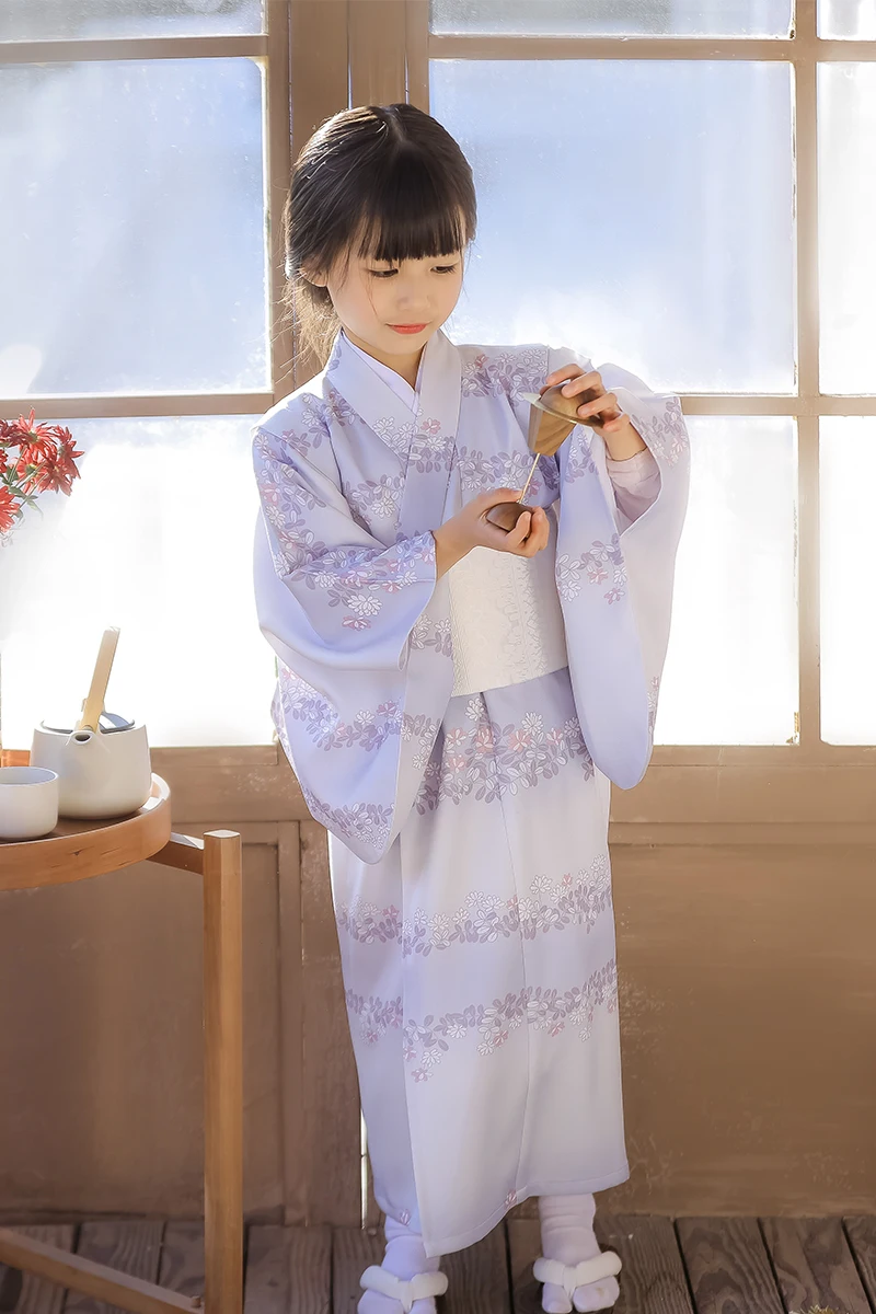 New Arrival Japanese Children\'s Kimono Yukata Purple Daisy Printed Design Girls Outfits Clothes Stage Performance Costume ZL895