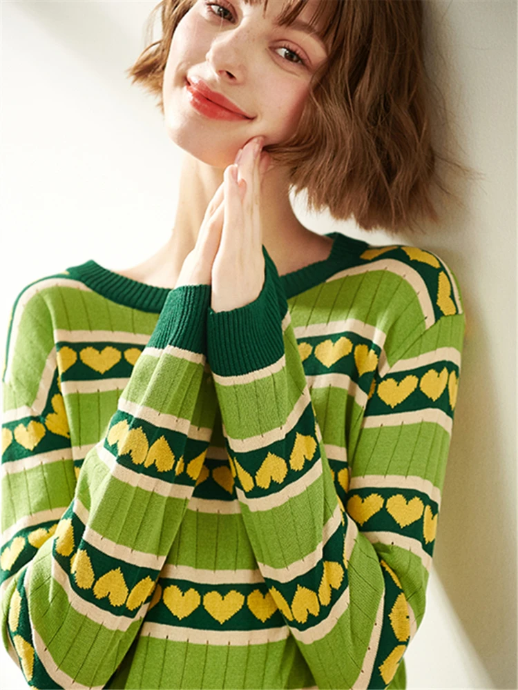 Stripe Avocado Green Women's Wool Cute Lovely Heart-Shaped Print Pattern Mori Loose Knitted Tops Sweaters Pullover Clothing