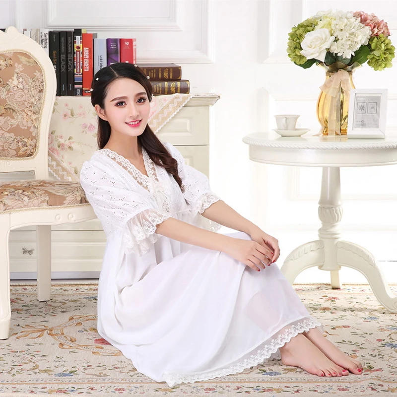 New Spring Summer Sleeve Pure Cotton With Chiffon High-End Embroidery Lace Long Royal Princess Nightdress Casual Homewear пижама