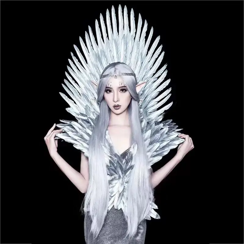 Victoria white grey blue feather Wing Costume Adult Model Show Stage Fashion Exaggeration Bride Theme Photography Wing prop