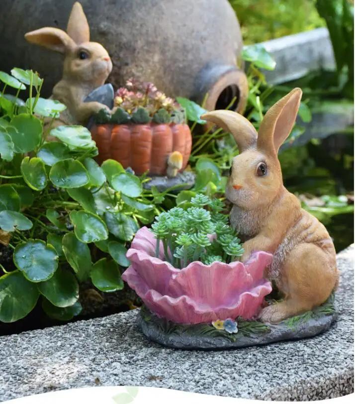 Simulation Animal Rabbit Resin Succulent Flowerpot Decor Items Courtyard Sculpture Accessories Garden Lawn Figurines Decoration