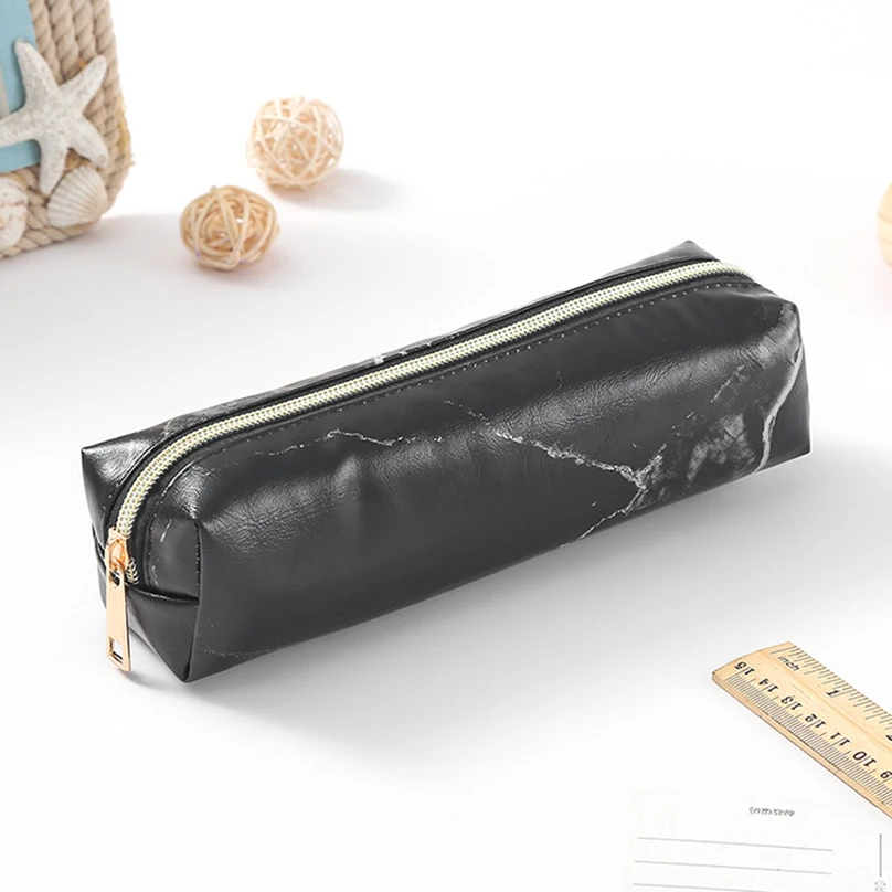 Pencil Case Black Stationery Pencil Pouch Marbling Trousse Scolaire Leather Pen Case For Girls Estuches School Pencil Cases