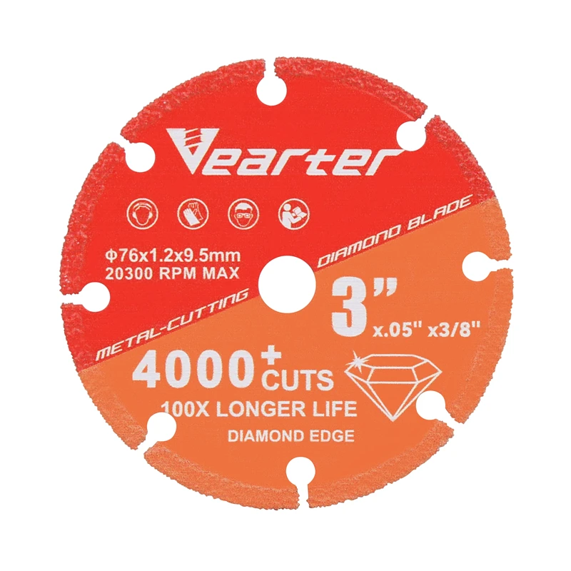 Vearter 76mmX9.5mm Vacuum Brazed Diamond Cutting Disc 3\'\'X3/8\'\'  Wheel Saw Blade For Metal Rebar Cast Iron and Stainless Steel