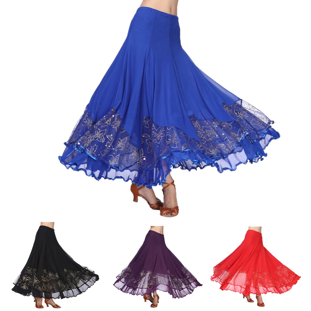 Long Flamenco Modern Dance Skirt Sequined Mesh Skirt Waltz Dress Women\'s Costume