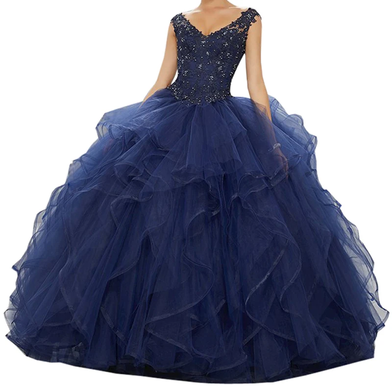 Rosa Prinzessin Spitze Pailletten Mädchen Puffy Süße 16 Quinceanera Kleider Sexy Tiefem V-ausschnitt Ballkleid Prom Kleider mit Layered rüschen