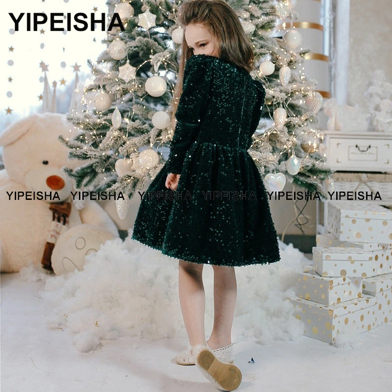 Yipeisha Jewel Lange Mouwen Kids Party Dress Green Sequin Nieuwe Jaar Jurk Knie Lengte Bloem Meisje Jurken Vestidos De Comunión