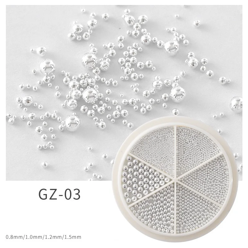 6 Fächer Nagelkunst Winzige Stahl-Kaviarperlen 0,8-1,5mm Gemischte Größen 3D-Design Roségold Silber Schmuck Maniküre DIY Dekoration – Detail 10