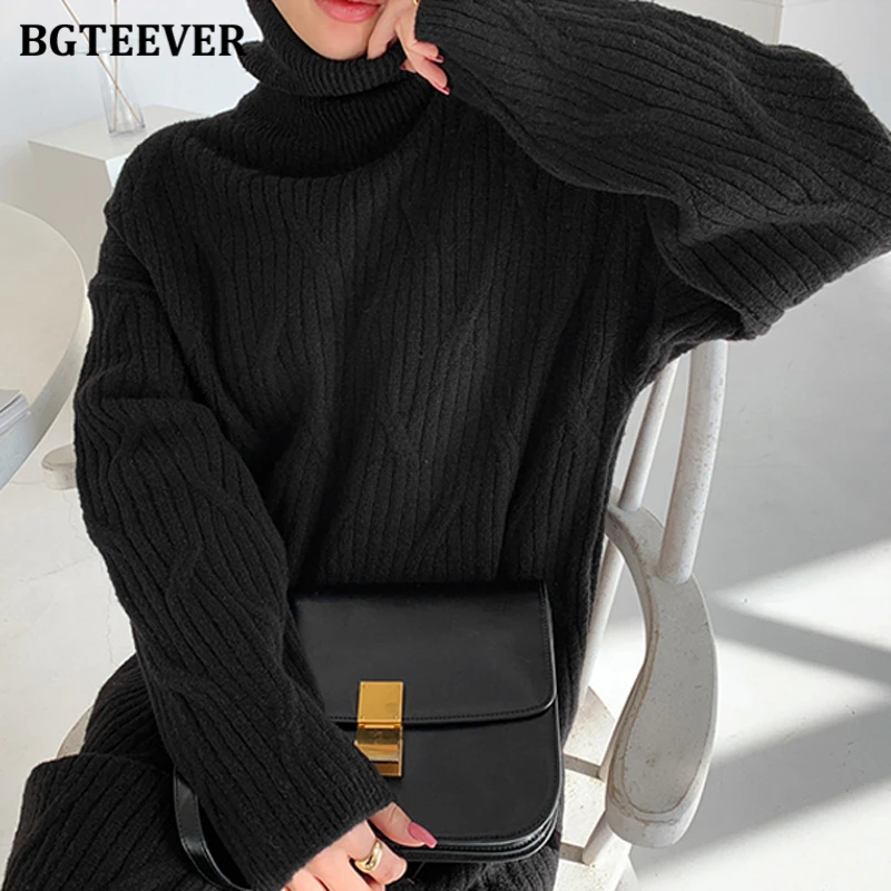 BGTEEVER elegante dolcevita spesso maglione lavorato a maglia attorcigliato lungo abito da donna maglione dritto allentato caldo invernale Vestidos