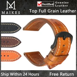 MAIKES Handmade Genuine Leather Watch Band 20mm 22mm 24mm Black Buckle Cowhide Watchband For Tudor Longines Watch Strap