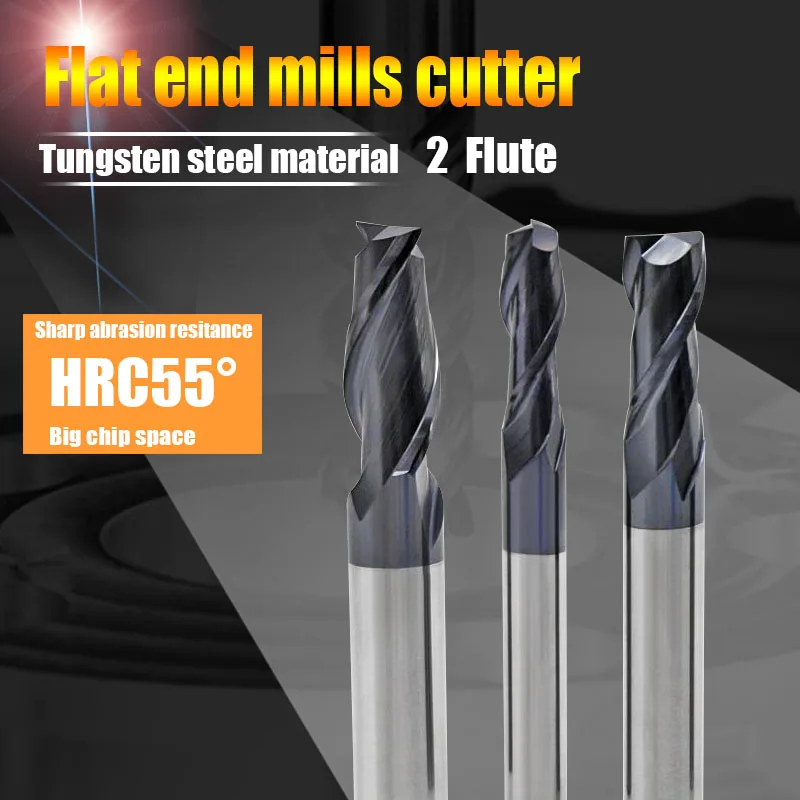 TuGe Cutting Tools HRC55 2 Flute Hard Alloy Carbide Tungsten Steel Milling Cutter AITiN Coating Flat End Mills For Metal Alloy