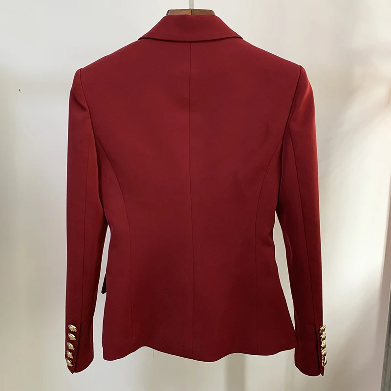 HIGH QUALITY 2023 Newest Designer Blazer Women\'s Classic Lion Buttons Double Breasted Slim Fitting Blazer Jacket Burgundy