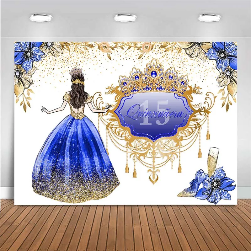 

15th Birthday Backdrop Princess Crown Blue Flowers Birthday Party Photography Backdrop Decor Photo Background For Photo Studio