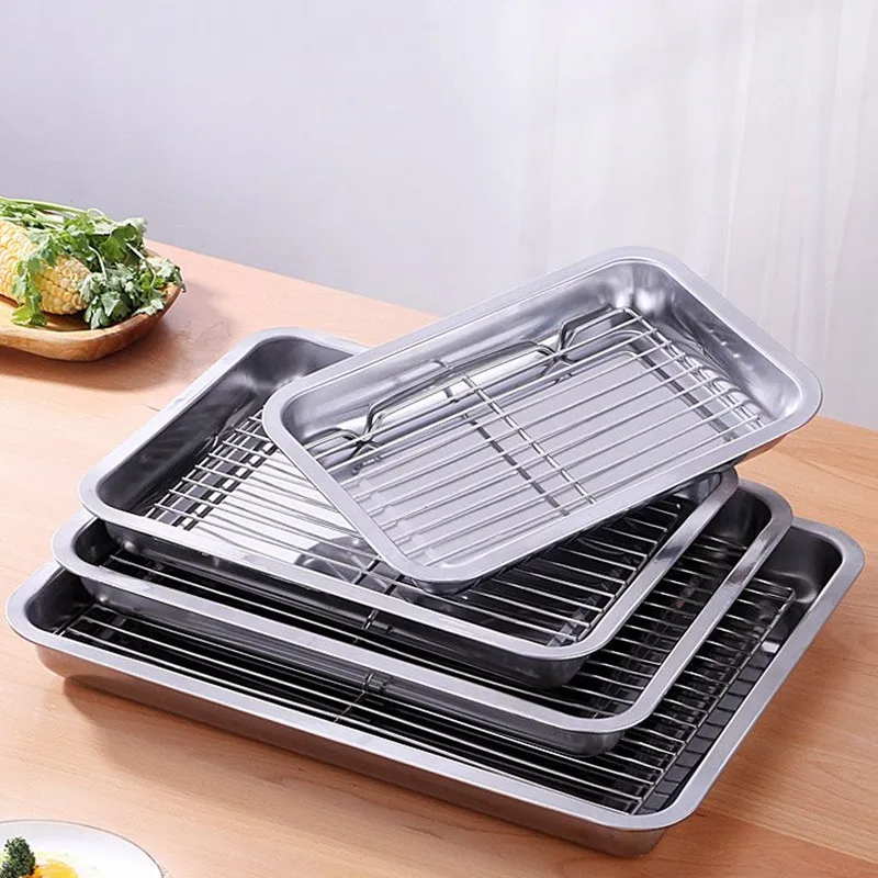 Stainless Steel Bakeware Food Storage Tray Baking Pan BBQ Oil Filter Grid Line Bread Pastry Plate Cooling Rack Kitchen Utensils