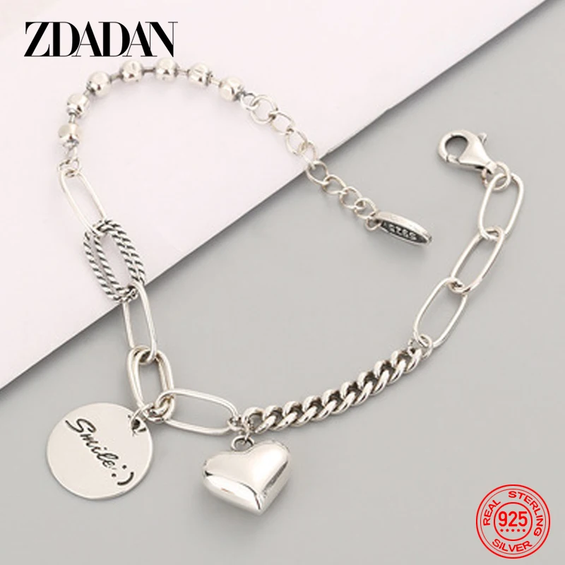 ZDADAN 925 Sterling Silver Round Heart Bracelet Link Chain For Women Party Jewelry Gift