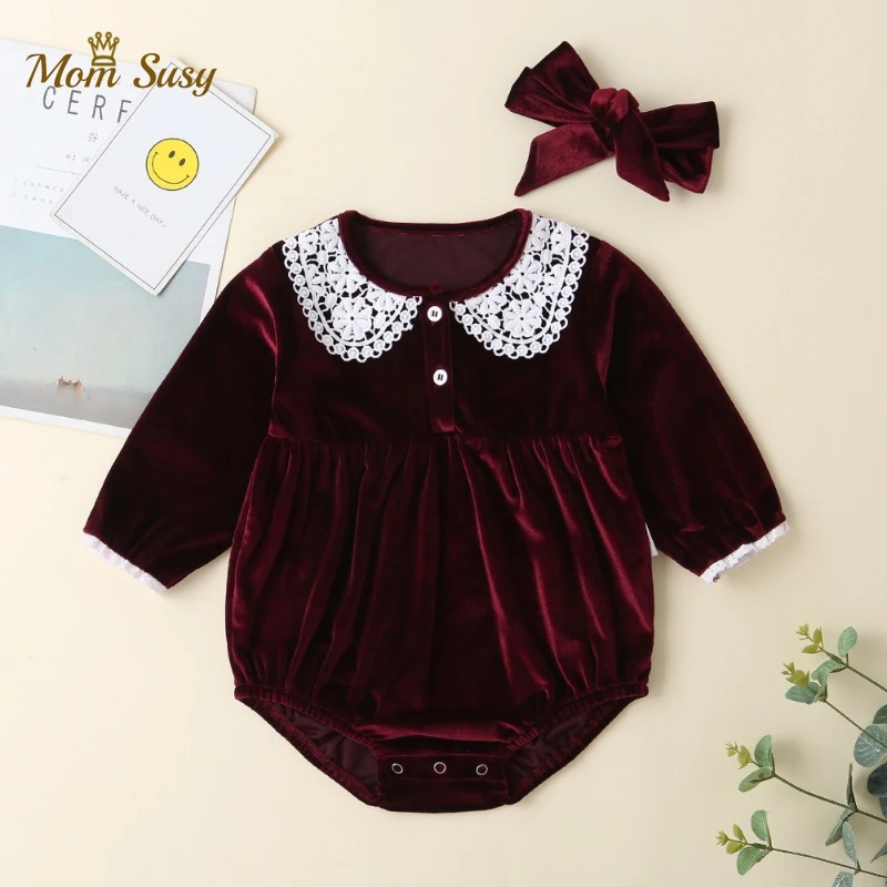 Baby Girl Velvet Romper Lace Collar Long Sleeve Newborn Infant Jumpsuit Romper+Headwear Baby Clothes 0-24M