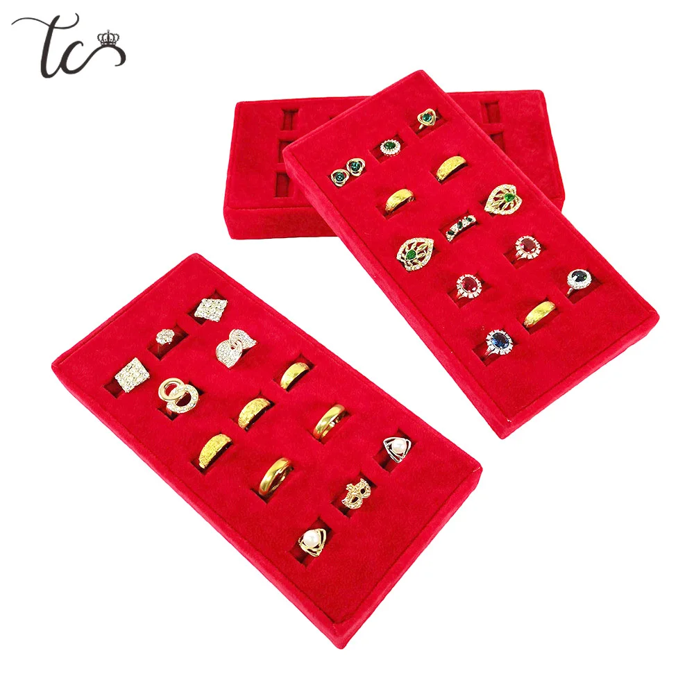 

Red Velvet Suede Ring Earrings Organizer Ear Studs Jewelry Display Stand Holder Rack Showcase Plate