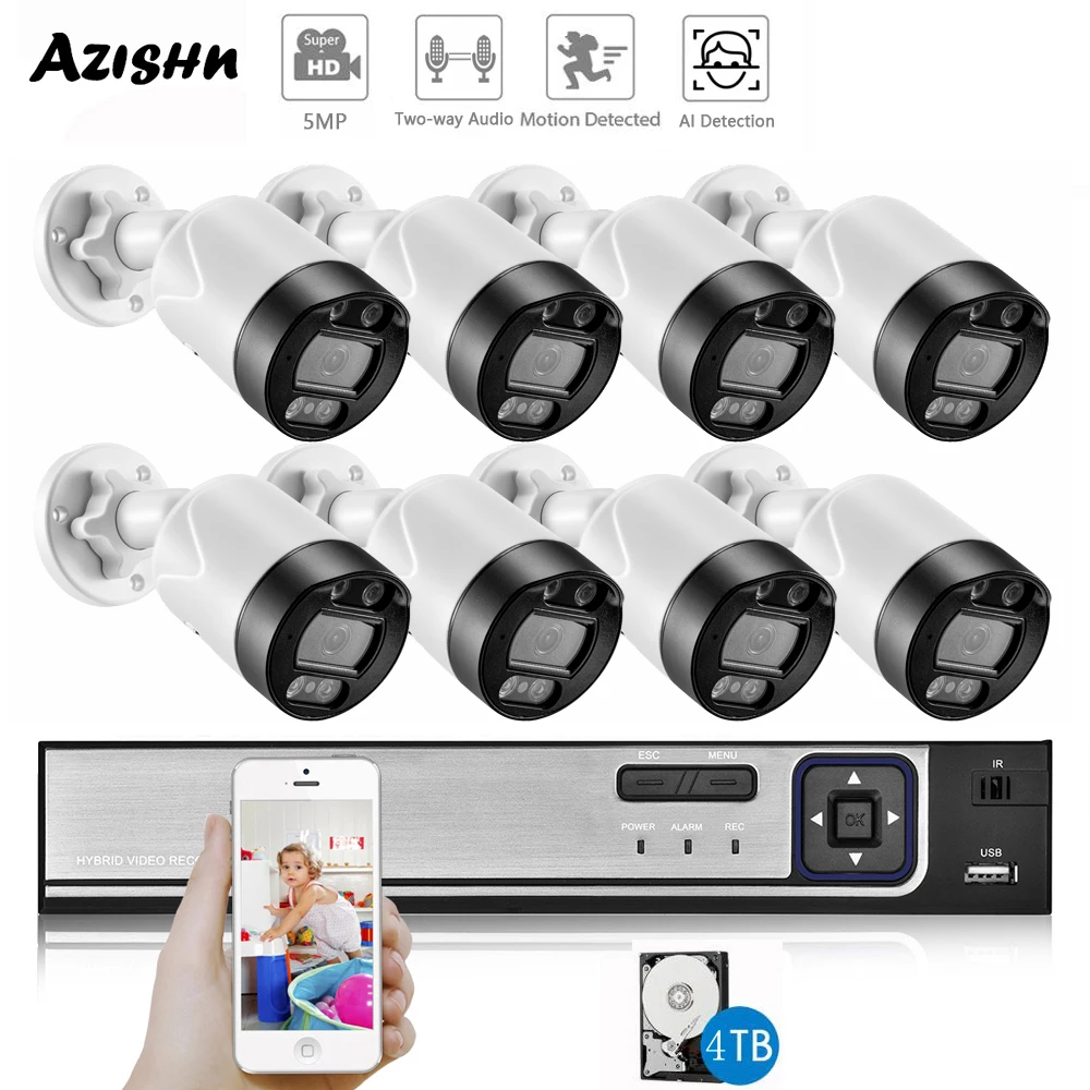 AZISHN H.265 8CH 5MP POE Security Camera System Kit Two Way Audio AI IP Cam Outdoor Human Detection CCTV Surveillance NVR Set