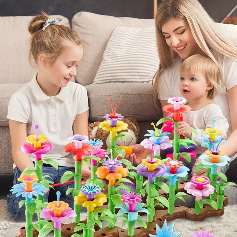 109pcs/set DIY  Creative Colorful Interconnecting Blocks Building Educational Flower Arrangement Toys Garden Game for Girls Gift