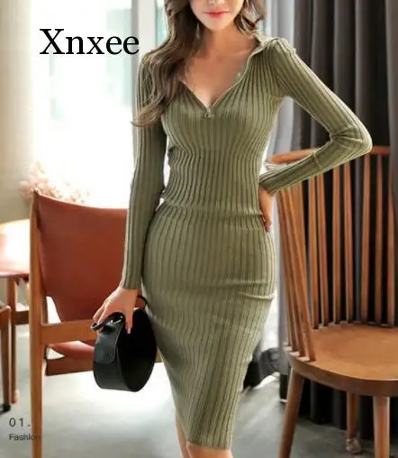 V-Neck Wrapped Knitted Dress Women Autumn Solid Sheath Sweater Dresses Women Knee-Length Bodycon Long Sweater Female New