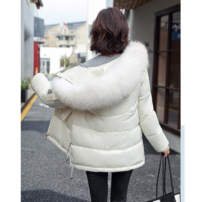 Korean Bright Face Big Fur Collar Down Cotton Jacket Women\'s 2025 Winter Jackets Female Parkas Loose Thick Warm Hooded Outerwear