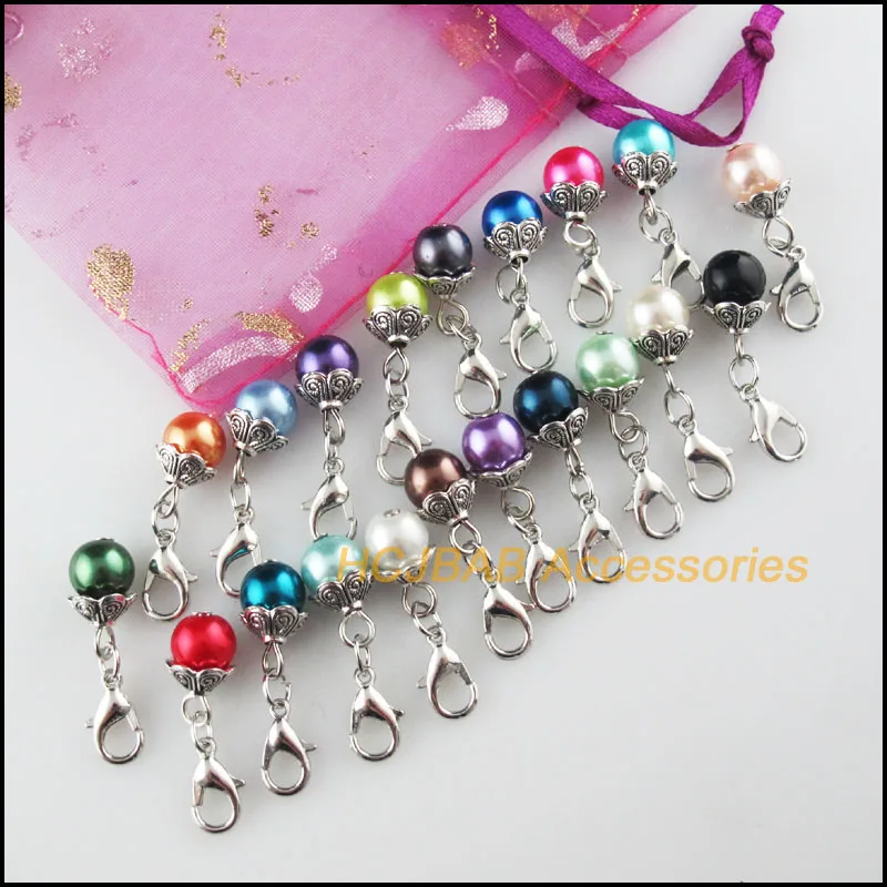 20Pcs Tibetan Silver Tone Cone Retro Mixed Ball Glass 9x15mm With Lobster Claw Clasps Charms