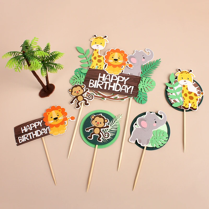 Wild Amimals Cake Topper Safari Jungle Animal Cake Flag Palm Leaves Boy Girl Birthday Party Decoration Kid Forest Party Supplies