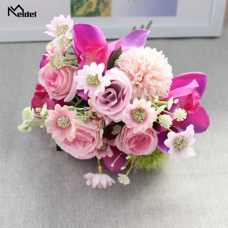 Meldel Bouquet Artificial Silk Rose Wedding Flower Bouquet Pompom Orchid Flower Bride Prom Party Wedding Supplies Marriage Decor