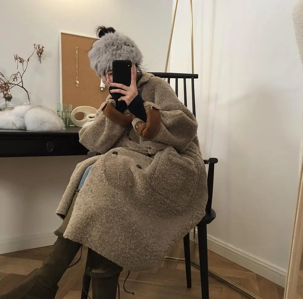 Female new winter lamb wool loose double-sided trench outerwear Korean style  warm and thicking loose fur coat