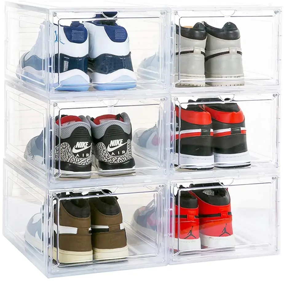 6-12 Pack Shoe Boxes Clear Plastic Stackable Case,Organizer for AJ Sneakers, Fit US 12 closet organizer drawer NJ/CA Delivery