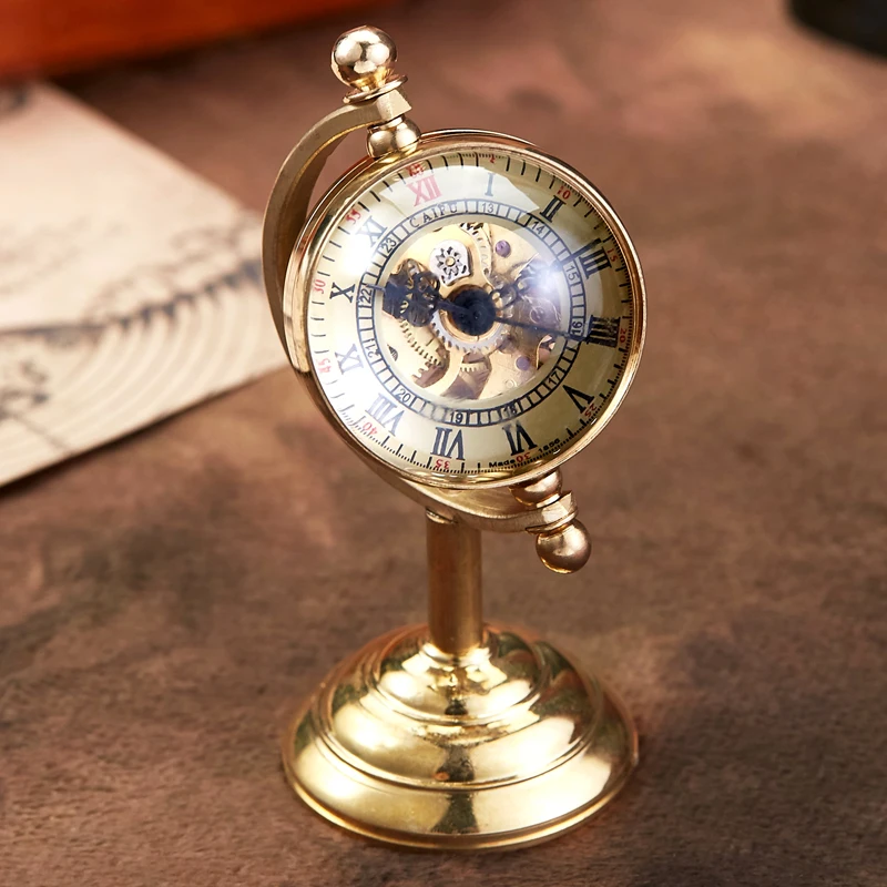 New Arrival Spinning Globe Gold Desk Clock Men Creative Gift For Pocket Watch Copper Table Clock Mechanical Pocket Watch Male