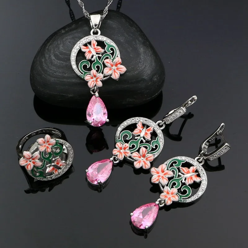 925 Sterling Silver Bridal Jewelry Set For Women Pink Enamel CZ Flower Drop Earrings Ring Pendant Necklace