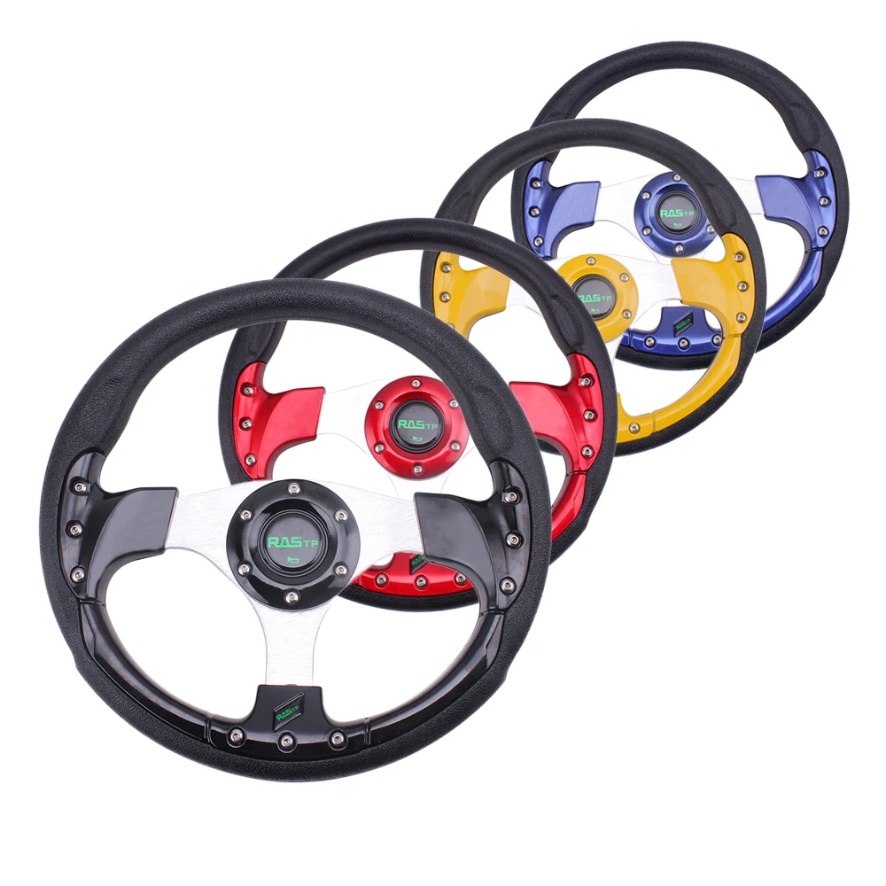 

Black Pane Universal 13 Inch PU Auto Racing Steering Wheels Drifting Sport Steering Wheel 6 Blots Red/Silver RS-STW018-TP