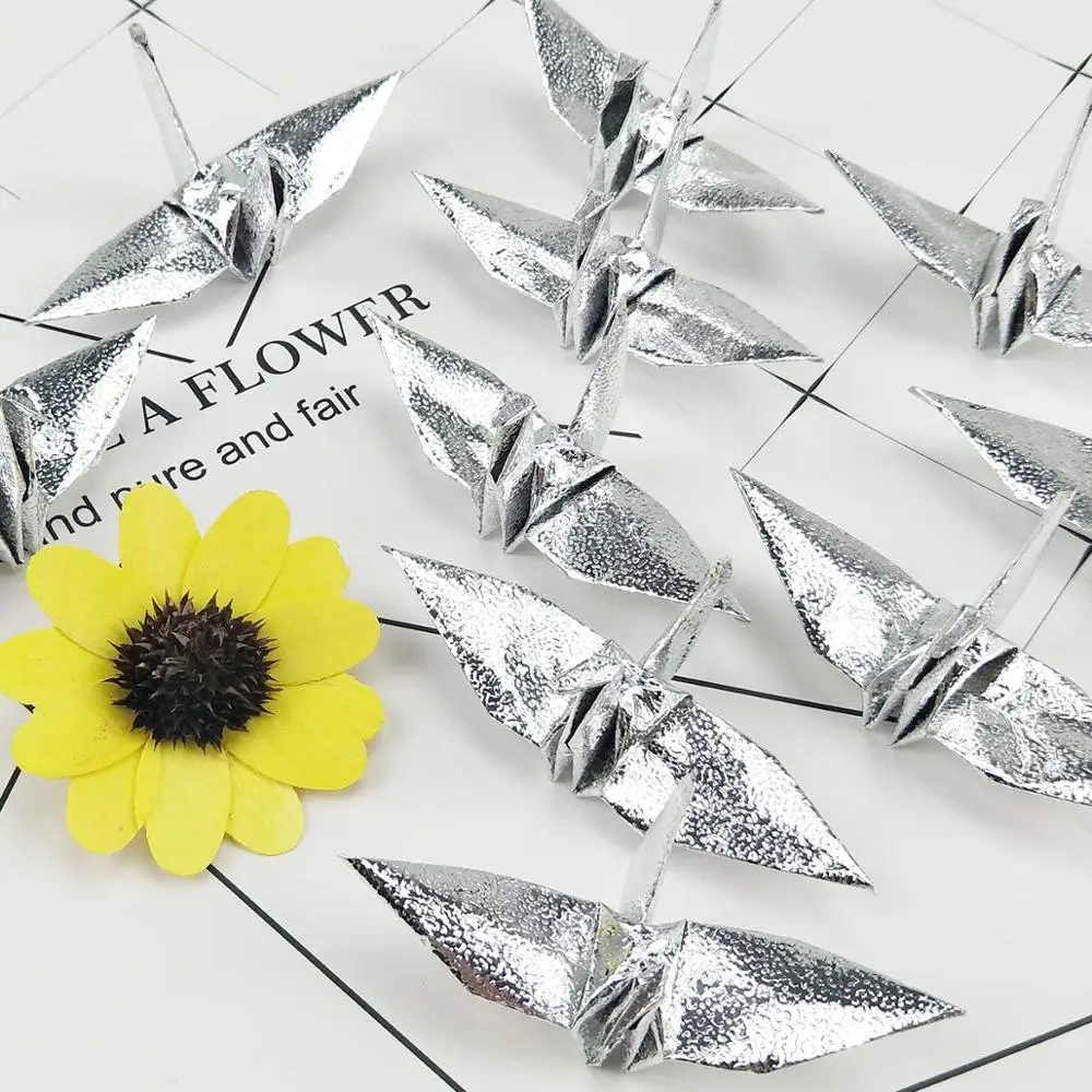 100PCS Premade Silver Origami Paper Cranes 1000 Origami Japanese Cranes for Wedding Birthday Baby Shower Party Decorations