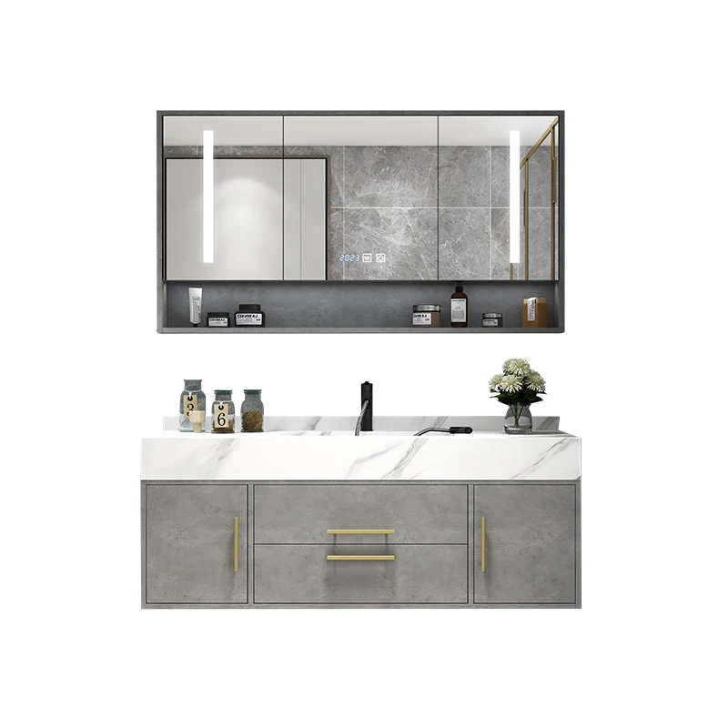 Marble Bathroom Cabinet Combination Paint-Free Solid Wood Smart Mirror Modern Minimalist Bathroom Inter-Platform Basin Hand