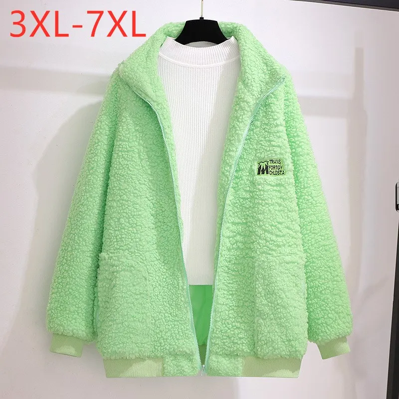 New 2021 Ladies Autumn Winter Plus Size Women Clothing Jacket Long Sleeve Loose Green Fleece Zipper Coat 3XL 4XL 5XL 6XL 7XL