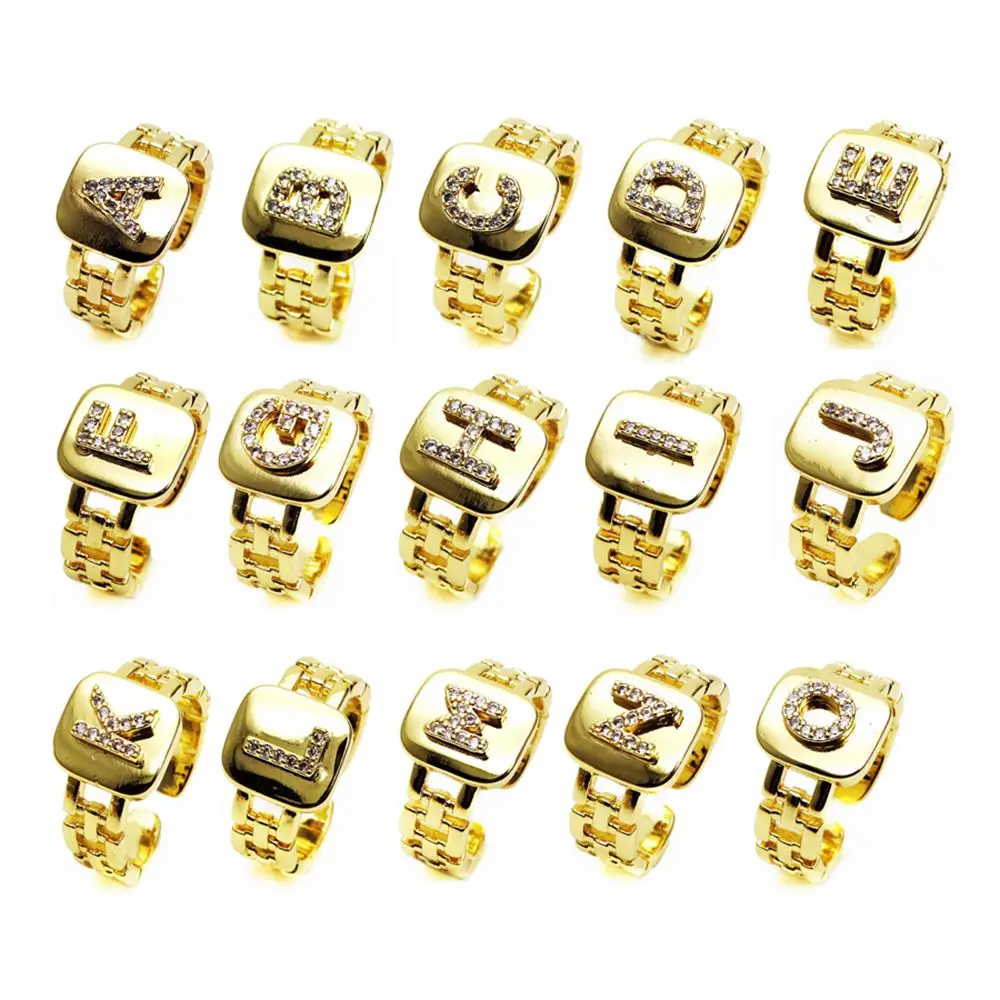 Opening adjustable ring 26 English letter rings watch strap style ring Copper Zircon Letter Rings for women Party Jewelry