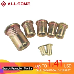 Allsome-conjunto de porcas rebites de aço carbono, m3, m4, m6, m8, m10, com cabeça plana, rebitador