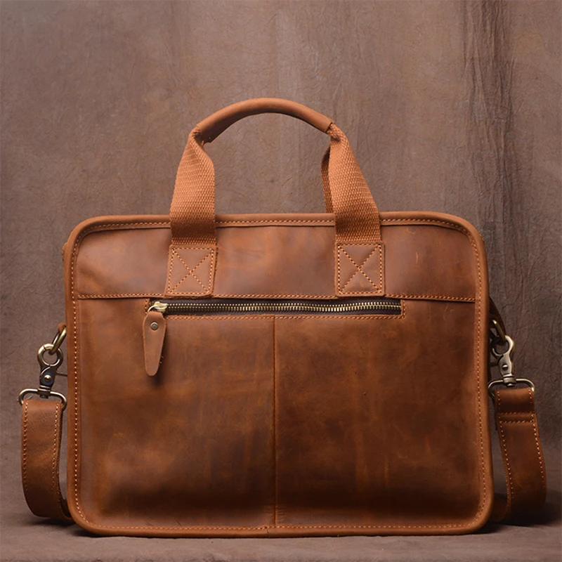 ZRCX-maletín Vintage para hombre, bolso de hombro de cuero genuino Crazy Horse, de negocios marrón, a la moda, para ordenador portátil de 14 pulgadas