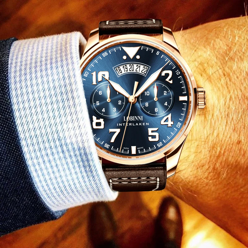 

LOBINNI мужские автоматические механические часы, многофункциональные светящиеся сапфировые кристаллы, Япония MIYOTA 9122, швейцарский бренд L16051